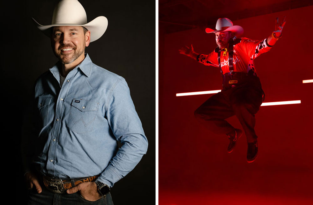 Un montaje fotográfico del barrendero profesional Matt Merritt, posando con diferentes atuendos y poses.